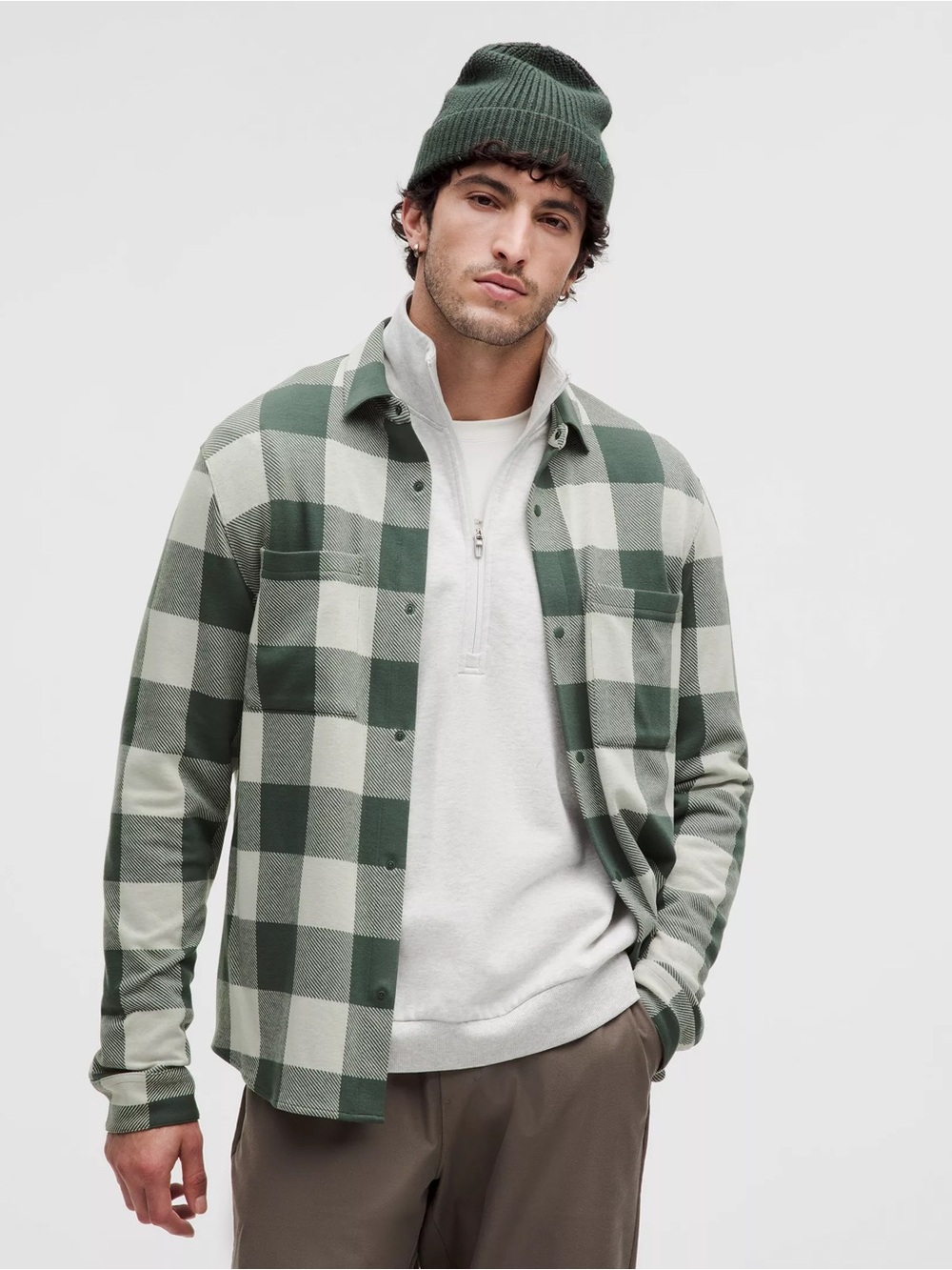 Lululemon Mens Soft Knit Overshirt Green White Buffalo Plaid
